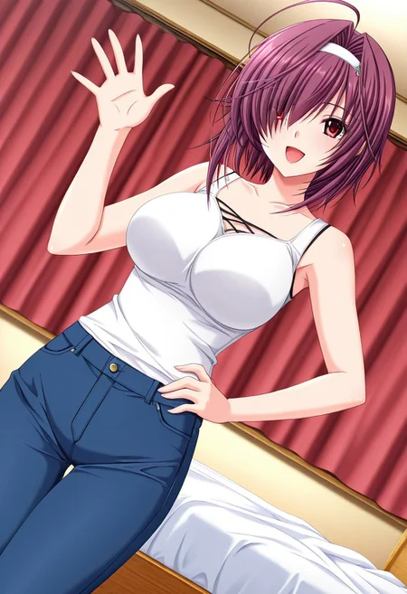 general,highres, ultra-detailed,very aesthetic,best quality ,best hands,best eyes,easynegative,
dynamic anglre, dutch angle, anime cloring,anime screencap,
1girl solo,looking at viewer,bedroom,smile,open mouth,hand on hip,waving hand,
Amane Amamiya,purple hair, hair over one eye, ahoge, short hair, red eyes, hairband, white band,huge_breasts,bare shoulders shirt, pants,
