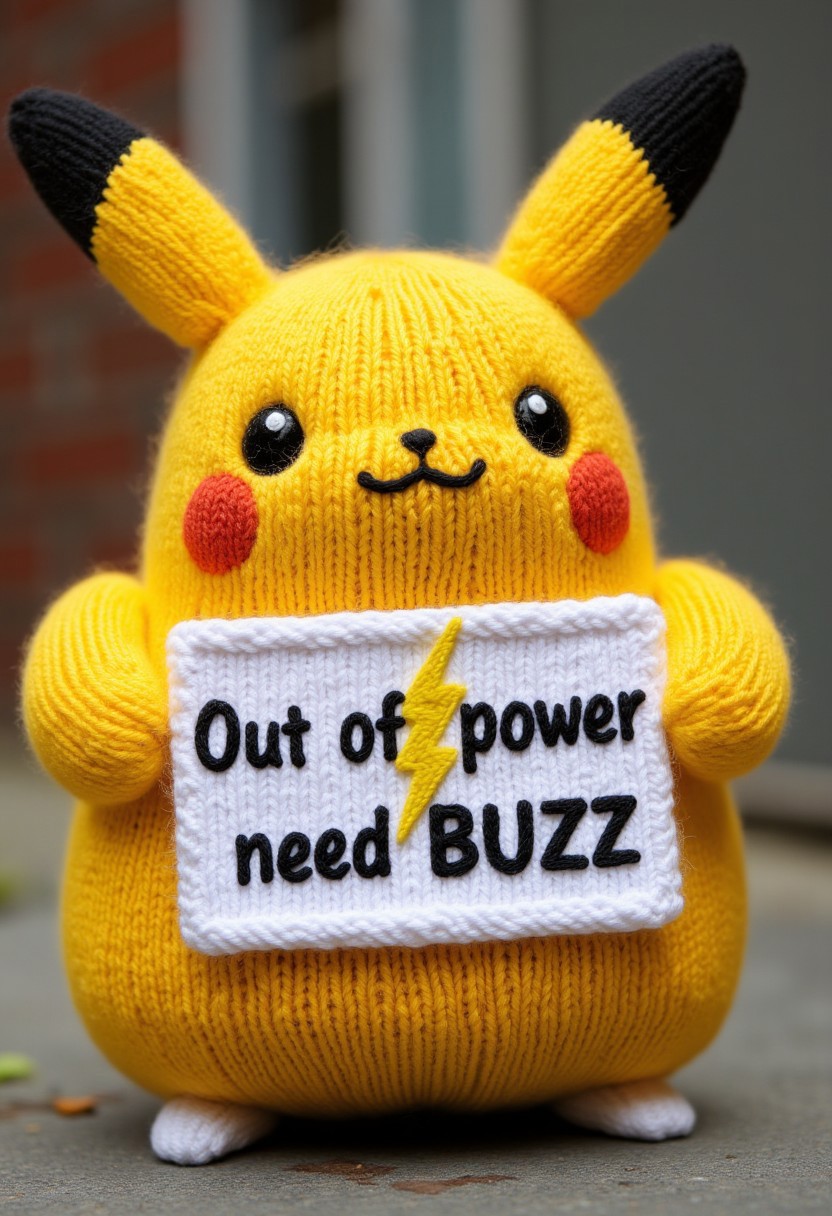 Fat pikachu with tiny hands holding a sign "Out of power need BUZZ"  with a small yellow lightningbolt symbol. knitted style