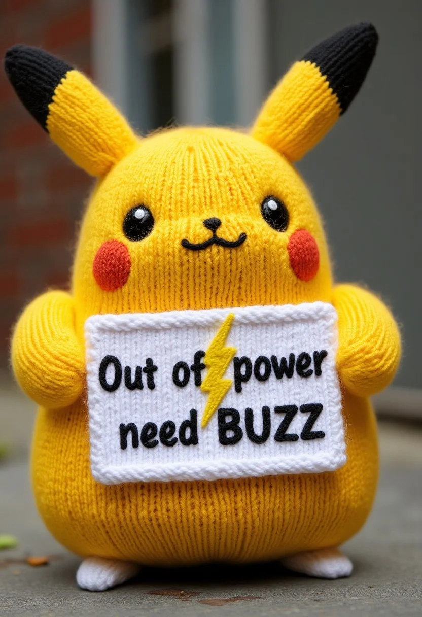 Fat pikachu with tiny hands holding a sign "Out of power need BUZZ" with a small yellow lightningbolt symbol. knitted style