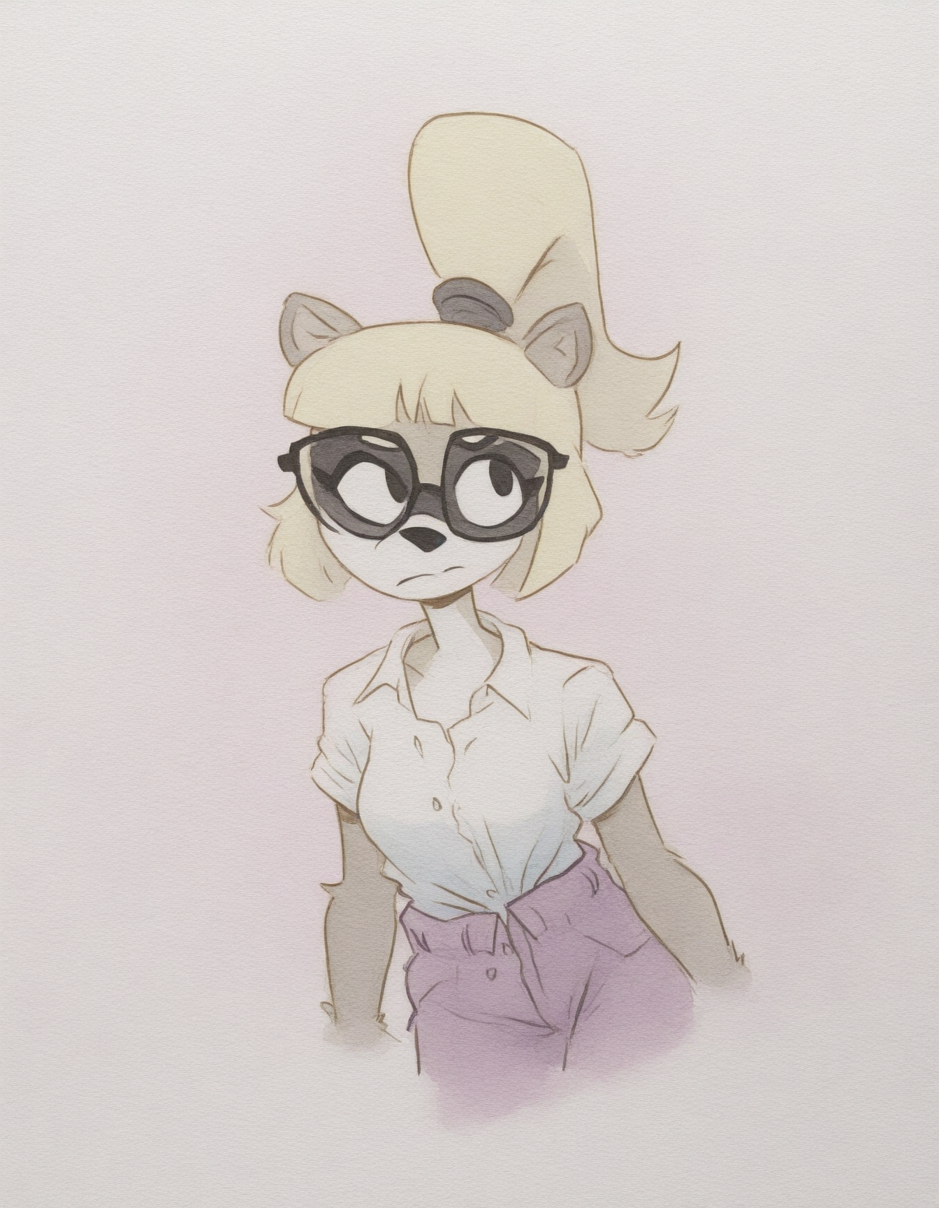 colored outlines, 
watercolor, traditional watercolor style, paper texture, dutch angle, pastel background, 

1girl, solo, furry, anthro raccoon girl, hazel eyes, glasses, straight blonde hair, long ponytail, (button-up shirt:1.2), 