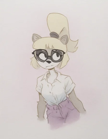 colored outlines,
watercolor, traditional watercolor style, paper texture, dutch angle, pastel background,
1girl, solo, furry, anthro raccoon girl, hazel eyes, glasses, straight blonde hair, long ponytail, (button-up shirt:1.2),