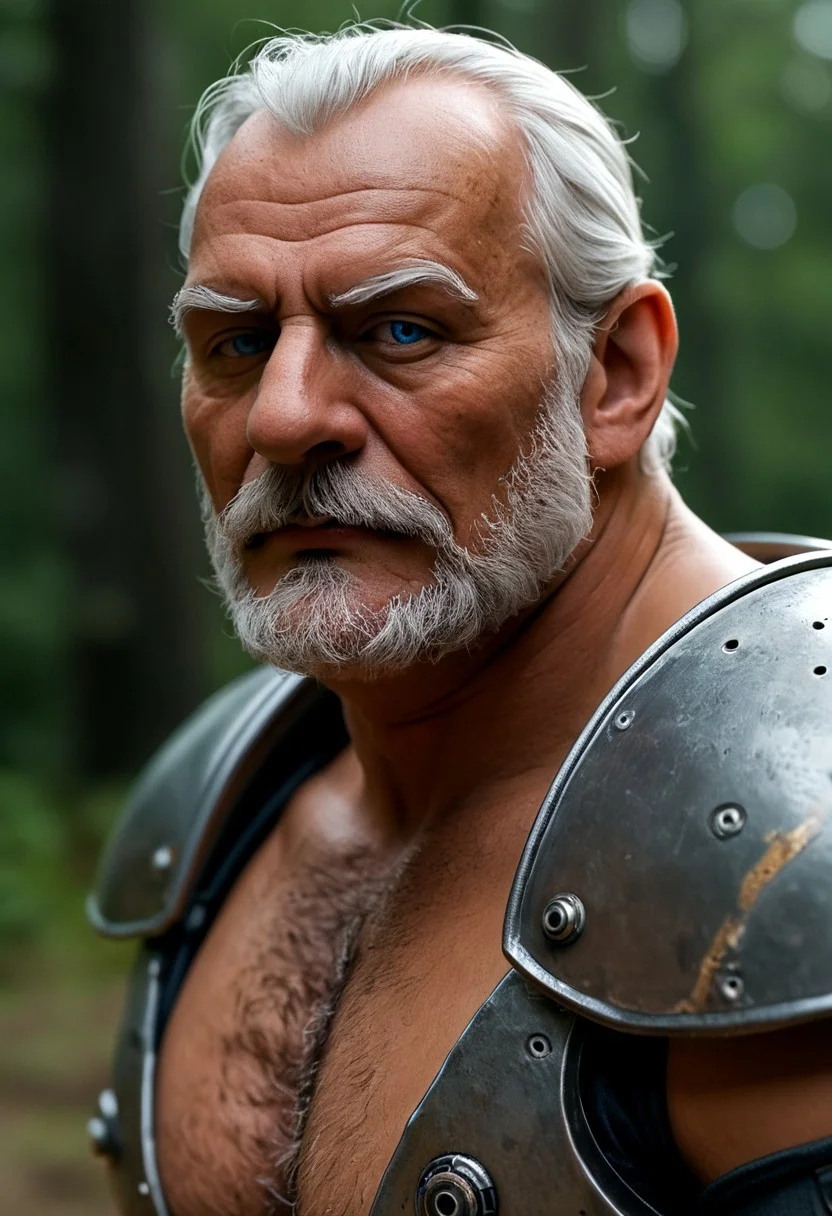 realistic, closeup portrait, face portrait, focus on face, seen from the side, volumetric light rays, natural light, alone, solo, relaxed cute pose, arm resting on leg, old granddad, old man, grandpa, tanned skin, strong tan, pubic-hair, small flat crooked down nose, bushy eyebrows, hairy chest, chesthair, strong manly round chubby face, deep blue eyes, (charming, handsome, sensual, arrogant, challenging), wearing cybernetic armor, cybernetic bodysuit, cyberpunkt accessoires
