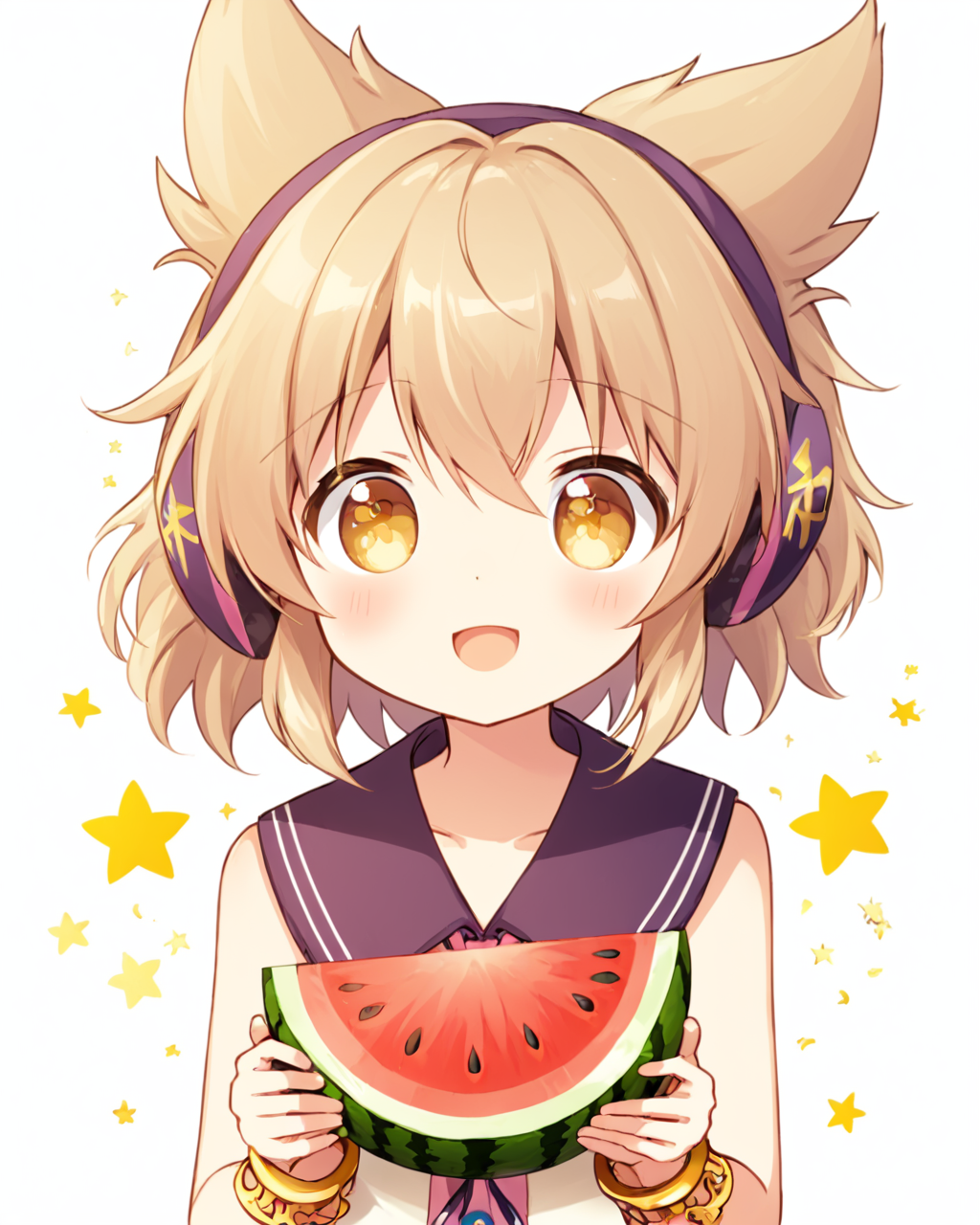 toyosatomimi no miko,1girl, solo, earmuffs, watermelon, open_mouth, upper_body, white_background, sparkle, bracelet, holding_food, simple_background, :d, looking_at_viewer, sleeveless_shirt, blush
<lora:toyosatomimi_no_miko_image4798_2023-12-20-000009:1>,star-shaped_pupils,symbol-shaped_pupils,. gorgeous,key visual, vibrant, studio anime,award-winning, professional, highly detailed,high budget, cinemascope