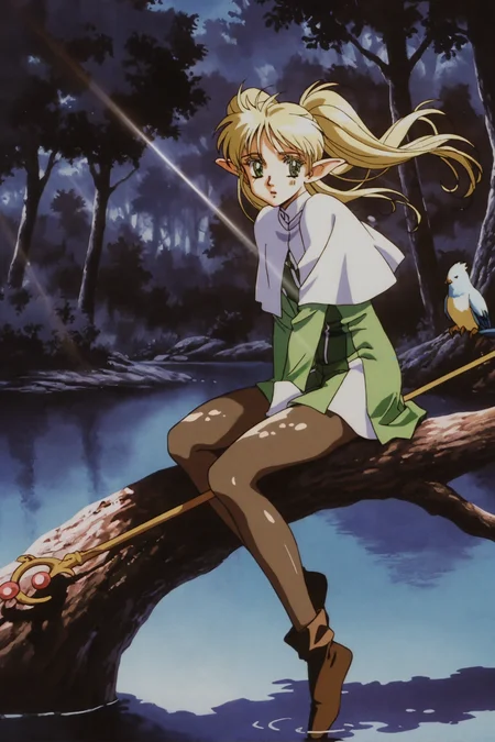 masterpiece, best quality, escaflowne, retro artstyle, 1990s (style), traditional media, anime coloring,,1girl, solo, green eyes, staff, outdoors, elf, tree, long hair, white capelet, twintails, pointy ears, pantyhose, colored eyelashes, looking at viewer, lake, water, wet, floating hair, bird, nature, scenery, tree shade, dappled sunlight, sitting in the dark shade of a tree, dark, high contrast, light beam,,