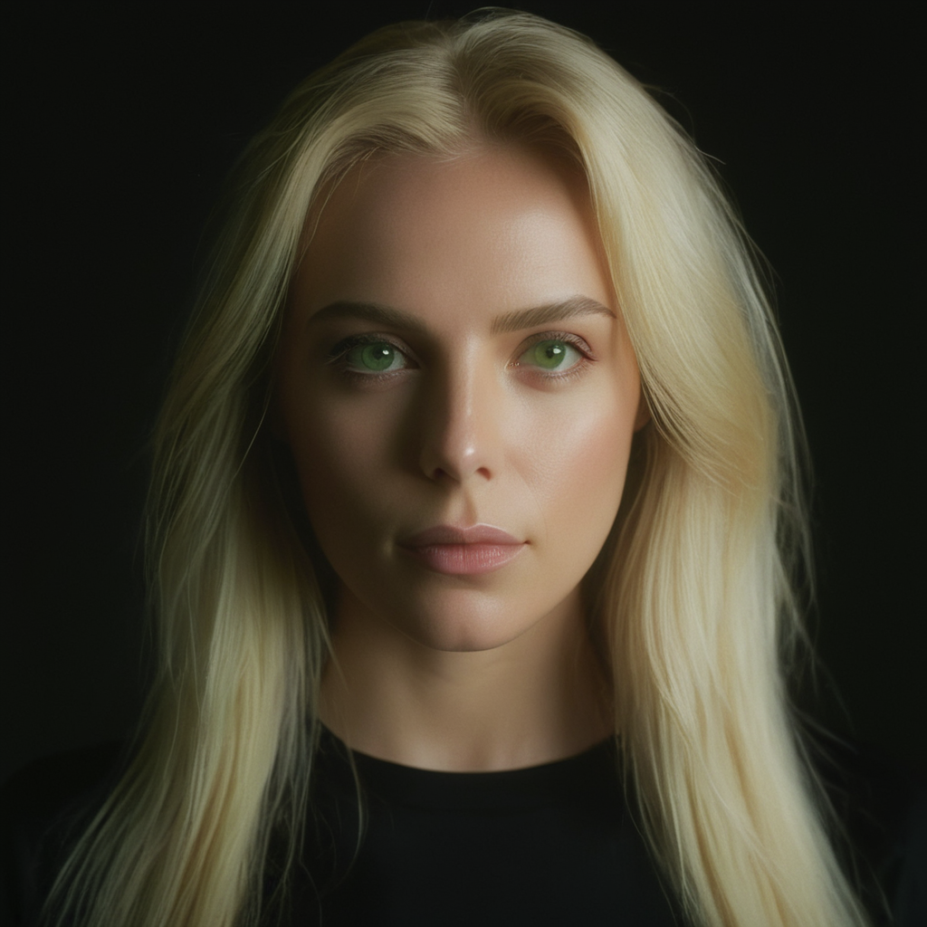 UHD, 4k, ultra detailed, cinematic, a photograph of  <lora:diffused light style:0.9>
A Diffused light of a woman with blonde hair and a black shirt,1girl,solo,long hair,looking at viewer,blonde hair,simple background,green eyes,white hair,lips,black background,portrait,realistic,nose , realistic, sharp, detailed, classic, 1970's light style, high-key light style, photography, artistic, perfection, diffusion, diffused, soft light, glow, bright, contrast, highlights, halo, glowing ambient light, colorful, cinematic, filmic, high quality photo, diffused light style, epic, beautiful lighting, inpsiring