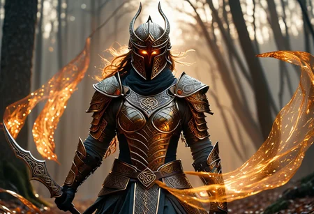 realistic, photorealistic, A breathtaking cinematic wide shot, low angle shot of three fierce warriors, their glowing amber eyes burning with an untamed fire beneath an intricately carved obsidian battle helmet, adorned with swirling, celtic engravings that glisten under the golden twilight. The armor they wear is a masterpiece of darkened steel, each plate adorned with elaborate engravings that resemble the twisting roots of an enchanted forest, embeded with rubis inlays, reflecting the fading sunlight in hues of deep bronze and gold. Their leather-clad gauntlet, wrapped in fine, interwoven scales, they maintain an unyielding gaze, exuding an aura of calculated dominance. The background is a blurred, ethereal forest bathed in warm, dappled light, the last remnants of sunlight streaming through tangled branches, casting glowing orange reflections across her imposing form. One of them hold a long lance on which a driffting banner scarlet and gold is floating fiercely in the wind, Autumn leaves drift gently, caught in the slow-motion breeze, swirling around her like omens of a prophecy unfolding. Hyper-realistic textures emphasize every micro-detail, from the metallic etchings on their helmets to the intricate patterns embossed upon her armor, creating an otherworldly yet immersive fantasy composition that radiates power, mysticism, and an unbreakable will.