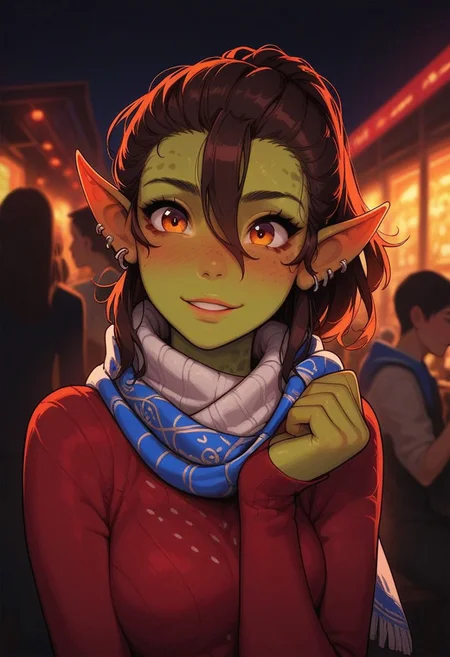 score_9, score_8_up, score_7_up, score_6_up, 
1girl, 25 years old, perfect face, cute, petite,
anime_source, 
orange eyes, 
zy_laezel, pointy ears, green skin, (spots on skin:1.2), gith, brown hair, hair between eyes, sidelocks, ear piercing,
multicolored clothes, multicolored scarf, print scarf, print sweater, red sweater,
blush, shy smile, portrait, face focus, dynamic angle, depth of field,
night, party, nightclub,