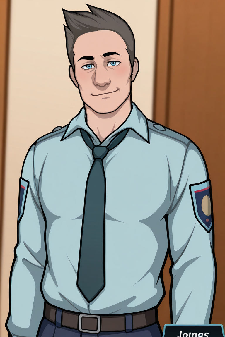 score_9, score_8_up, score_7_up, score_6_up, perfect anatomy, perfect proportions, best quality, masterpiece, high_resolution, high quality, best aesthetic, incredibly absurdres, highres, extremely detailed, huge filesize, solo male, adult, mature, masculine, manly, handsome, charming, alluring, standing, upper body, dutch angle, cowboy shot, perfect face,   source_game \Criminal Case\), official style \(Criminal Case\), David Jones\(Criminal Case\), CCDavid, blue eyes, light brown hair, short hair,  CCDavid_outfit01, police uniform, light blue collared shirt, long sleeves, black necktie, police department logos on sleeves,