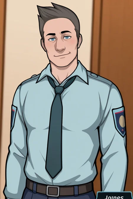 score_9, score_8_up, score_7_up, score_6_up, perfect anatomy, perfect proportions, best quality, masterpiece, high_resolution, high quality, best aesthetic, incredibly absurdres, highres, extremely detailed, huge filesize, solo male, adult, mature, masculine, manly, handsome, charming, alluring, standing, upper body, dutch angle, cowboy shot, perfect face, source_game \Criminal Case\), official style \(Criminal Case\), David Jones\(Criminal Case\), CCDavid, blue eyes, light brown hair, short hair, CCDavid_outfit01, police uniform, light blue collared shirt, long sleeves, black necktie, police department logos on sleeves,