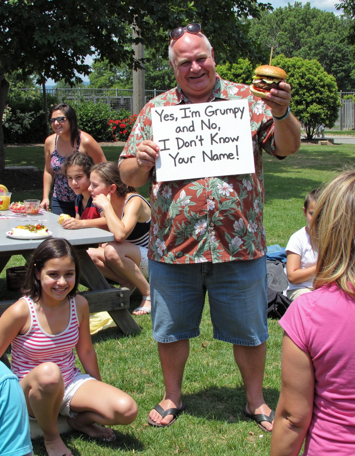 In a wide shot from the front at a family reunion picnic, a grandpa with a massive potbelly and a Hawaiian shirt stands proudly holding a sign in one hand and a burger in the other. Heâs got a mischievous grin, sunglasses perched on his bald head, and the sign reads: "Yes, I'm Grumpy, and No, I Donât Know Your Name!" Around him, kids are running wild, family members are either laughing or giving him side-eye, and grandma is shaking her head with an exasperated smile. Behind him, the picnic table is overflowing with food, and someone is trying to get the grill under control. But grandpa? Heâs living his best, grumpy life in the middle of the chaos <lora:amateurphoto-v6-forcu:0.8>
