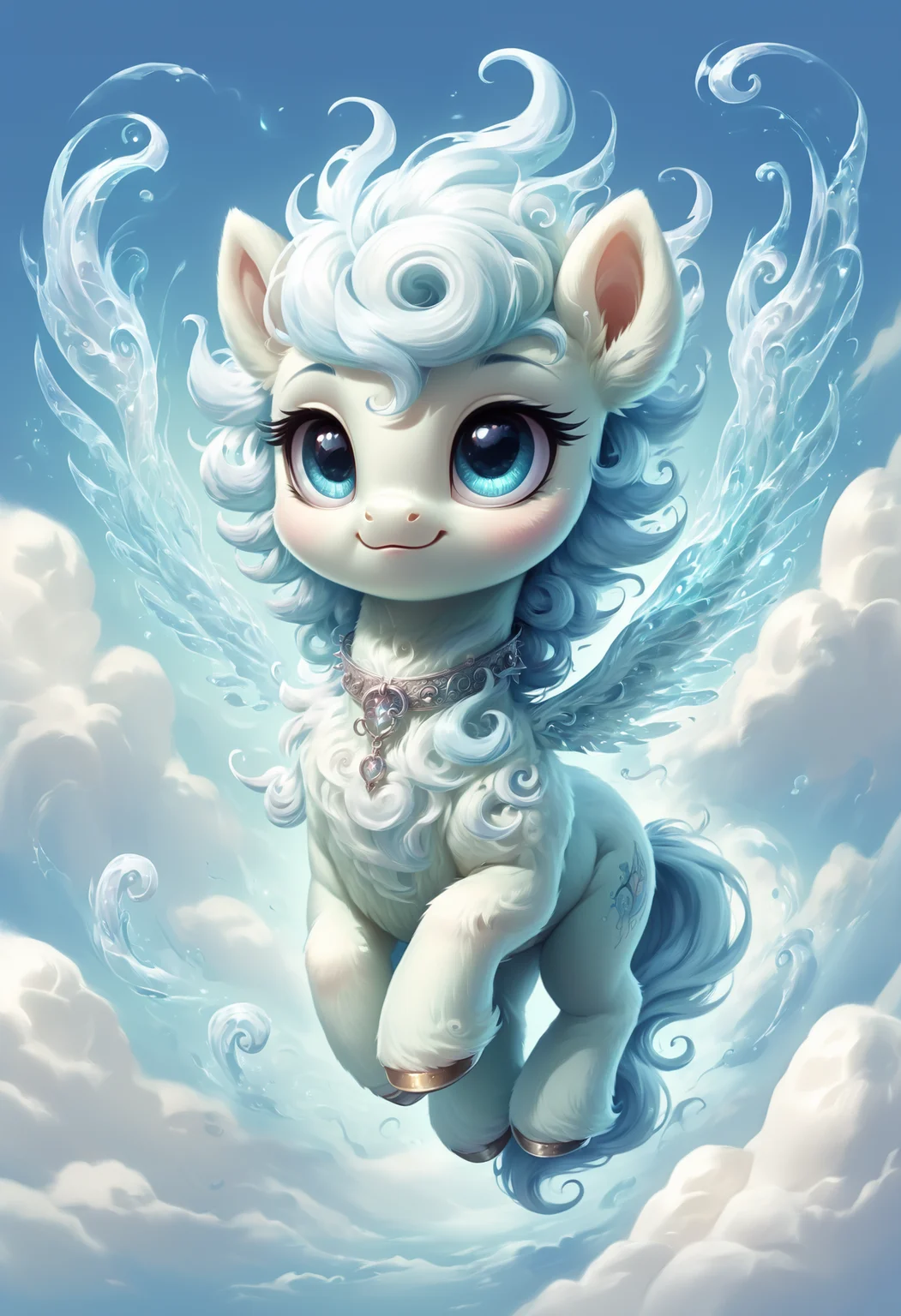 score_9, score_8_up, score_7_up, score_6_up, score_5_up, score_4_up <lora:PonyAirElementals:1> Air Elemental, baby, adorable, air elemental pony, swirling air body, transparent, ethereal, majestic, detailed digital art, expressive eyes,, cloudy sky background, magical elements, extremely detailed fur, jeweled collar, vibrant colors