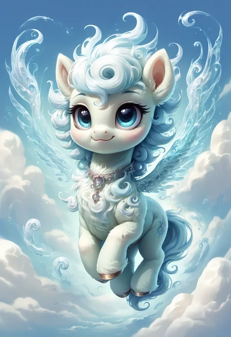 score_9, score_8_up, score_7_up, score_6_up, score_5_up, score_4_up <lora:PonyAirElementals:1> Air Elemental, baby, adorable, air elemental pony, swirling air body, transparent, ethereal, majestic, detailed digital art, expressive eyes,, cloudy sky background, magical elements, extremely detailed fur, jeweled collar, vibrant colors