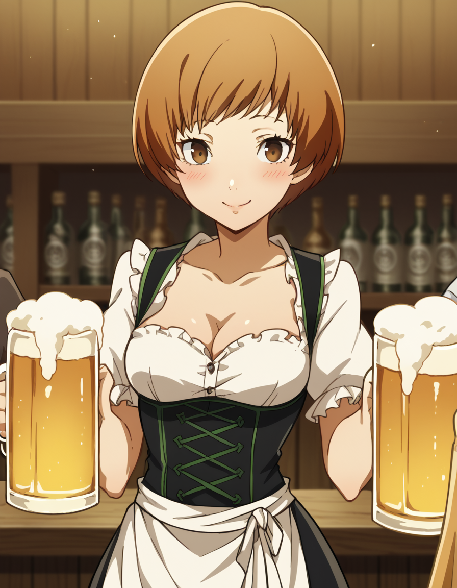 score_9, score_8_up, score_7_up, source_anime, <lora:chie-satonaka-s1-ponyxl-lora-nochekaiser:1>, chie satonaka, short hair, brown hair, brown eyes, medium breasts,, <lora:dirndl-ponyxl-lora-nochekaiser:1>, dirndl, german clothes, beer mug, collarbone, cleavage, beer, underbust, waist apron,, indoors, bar, smile, blush,, , cowboy shot, dutch angle
