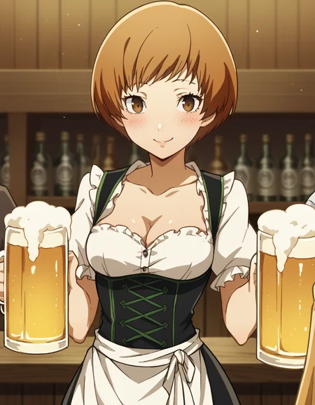 score_9, score_8_up, score_7_up, source_anime, <lora:chie-satonaka-s1-ponyxl-lora-nochekaiser:1>, chie satonaka, short hair, brown hair, brown eyes, medium breasts,, <lora:dirndl-ponyxl-lora-nochekaiser:1>, dirndl, german clothes, beer mug, collarbone, cleavage, beer, underbust, waist apron,, indoors, bar, smile, blush,, , cowboy shot, dutch angle