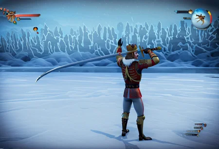 (nutcracker),
high guard sword parry stance,
at a frozen lake,
game screenshot,
sfw