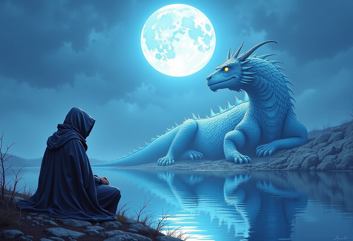 A captivating digital fantasy artwork featuring a solitary, cloaked warrior sitting peacefully before a massive, majestic ice-blue dragon under the radiant full moon. The dragon lies calmly, its shimmering scales reflecting the lunar glow, beside a serene lake that mirrors the tranquil scene. The atmosphere is filled with quiet contemplation and harmonious coexistence, showcasing peace in the presence of the warrior's power and the dragon's grandeur. The artwork is rendered in a cinematic and hyperrealistic style, drawing inspiration from the mastery of artists Brom and Donato Giancola. The predominant cool-toned color palette of blues, greys, and whites contrasts with the warm moonlit tones. The soft, ethereal lighting, primarily moonlight, enhances the dragon's and the warrior's textures, which are rendered with, cinematic, poster, conceptual art