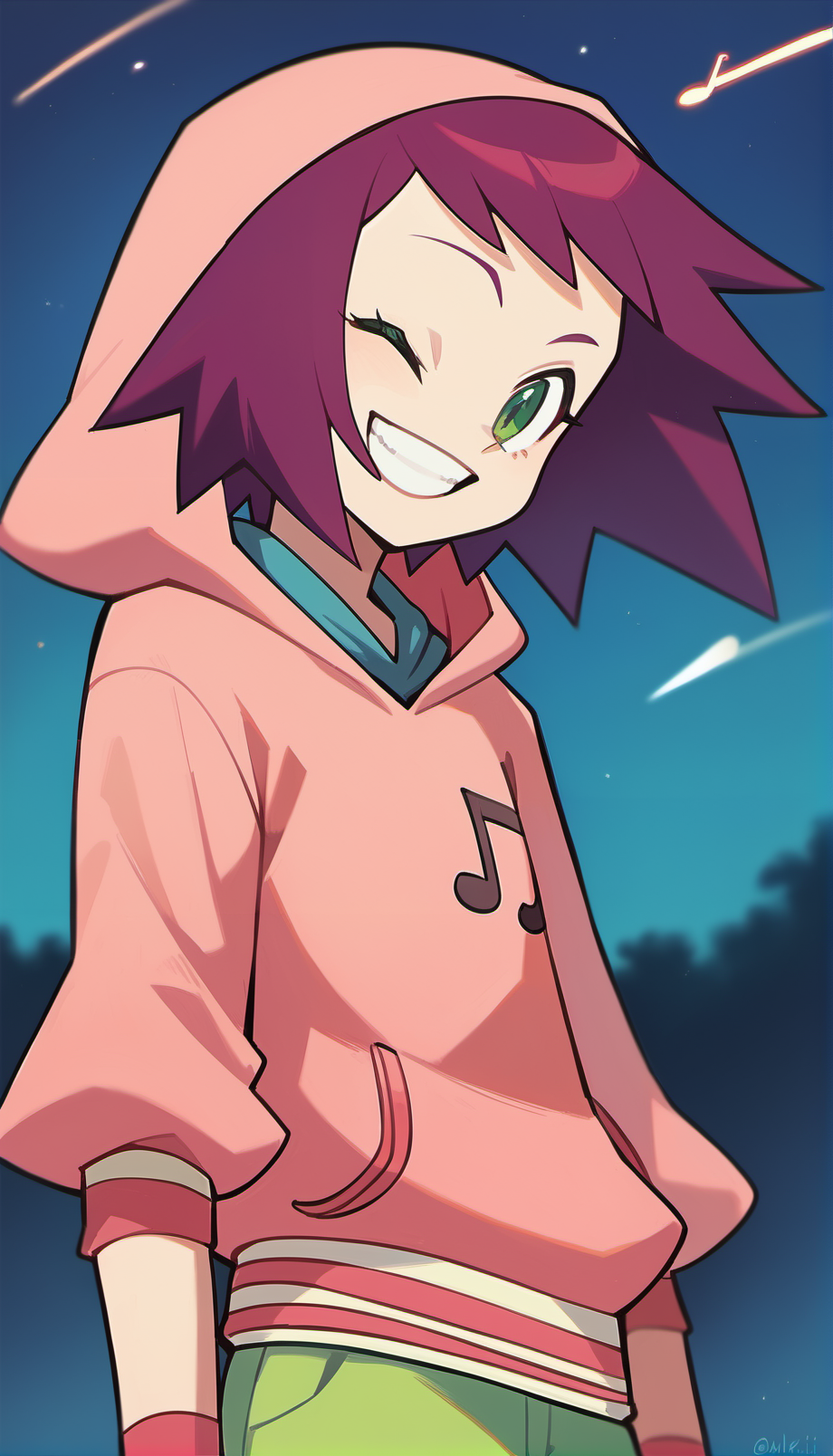 score_9,score_8_up,score_7_up,
<lora:soniastrumm:0.9>,
highres,
misorahibiki,
1girl,solo,
purple hair,short hair,bangs,
green eyes,looking at viewer,one eye closed,
grin,
pink sweatshirt,a musical note printed on the hoodie,
long fingerless gloves,
green shorts,
upper body,
blurry background,outdoors,night,starry background,starry night,(shooting star:1.1),bloom,light particles,lens flare,lens flare abuse,