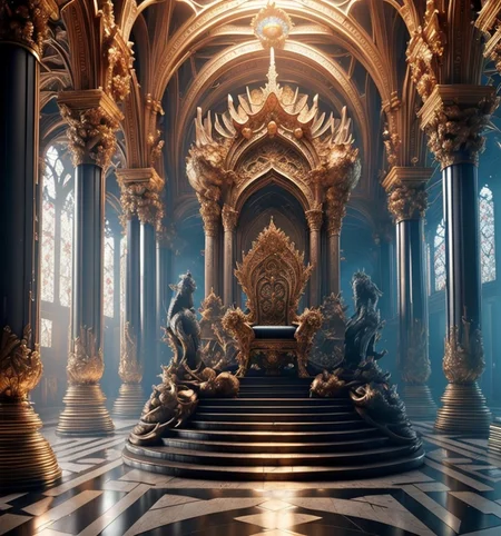 RAW photo, (masterpiece:1.3), subsurface scattering, heavy shadow, (high quality:1.4), (intricate, high detail:1.2), professional photography, HDR, High Dynamic Range, realistic, ultra realistic, photorealistic, high resolution, film photography, ambient lighting, atmospheric effects, <lora:detail_slider_v4:2>, OverallDetail, a long and elaborate gothic hall with an intricate and big throne at the far end on a dais, throneroom, <lora:ThroneRoom-10:1>, style-nebmagic, epiCPhoto