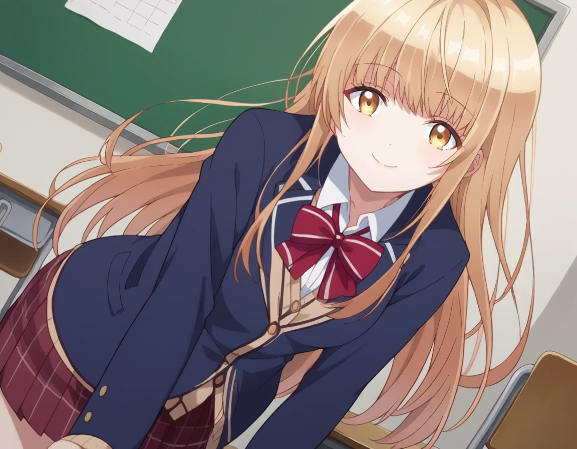 score_9, score_8_up, score_7_up, source_anime,
mahirushiina, <lora:mahiru-shiina-s1-ponyxl-lora-nochekaiser:1>
mahiru shiina, bangs, blonde hair, brown hair, yellow eyes,
long hair, skirt, bow, school uniform, jacket, pleated skirt, plaid, plaid skirt, blazer, cardigan, blue blazer, red bowtie,
indoors, classroom, smile, bent over,
looking at viewer, dutch angle, cowboy shot