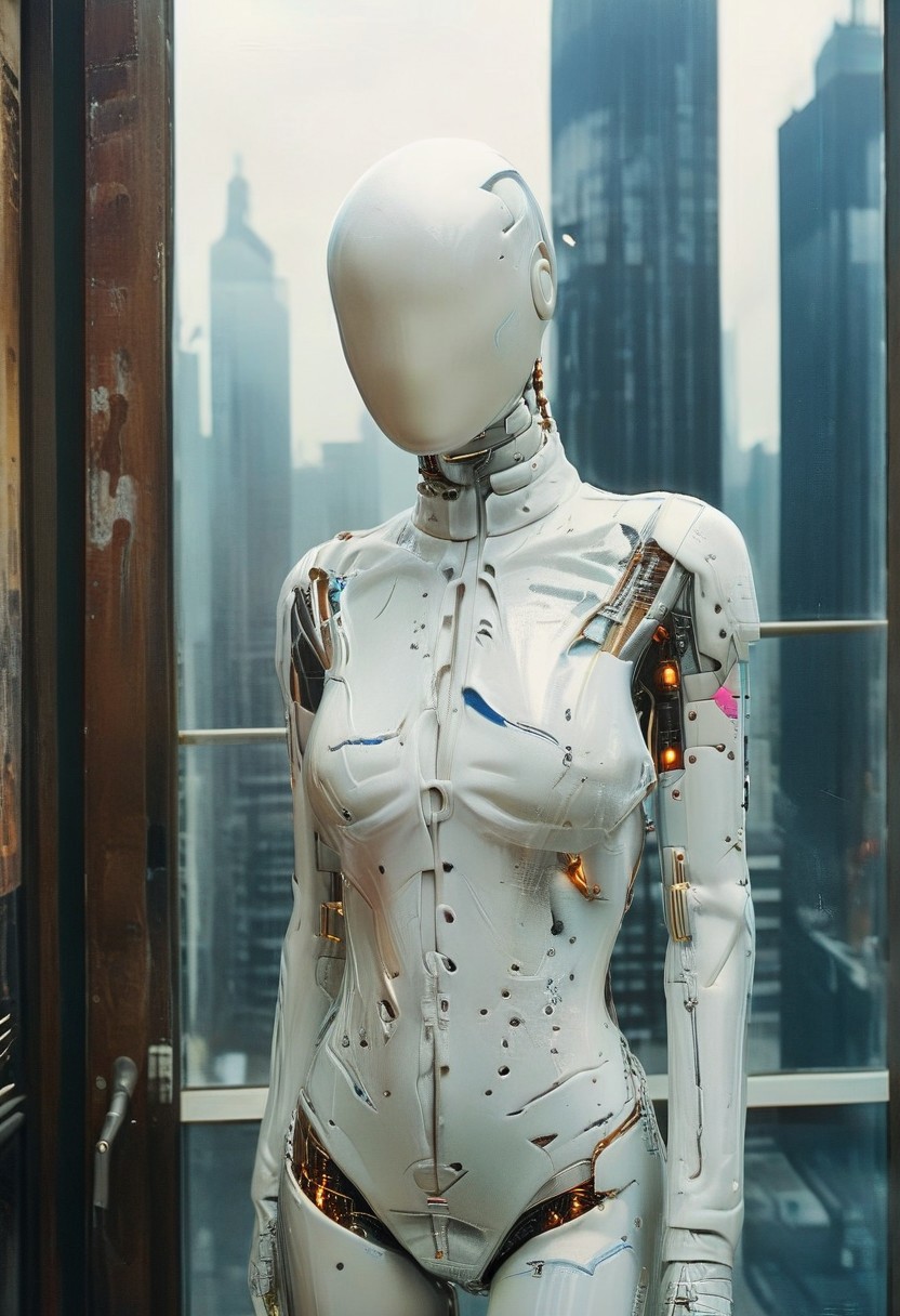 science fiction, A polaroid photo Futuristic image, ((white bald female cyborg android robot faceless mannequin)), standing in a living room in a dimly lit, melancholic room. watching TV. The room is filled with retro arcade decor, window with cyberpunk city Post apocalyptic towers and skyscrapers Utopia, retro vintage film patina grainy photography, soft shadows, with an atmospheric, nostalgic feel.( no_face:0.9), ((no_hair)),Faded Old Photo, noface, in the style of maripol, frontal view