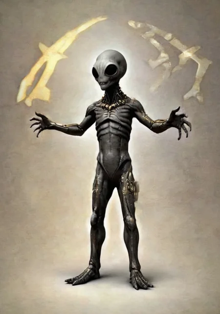 a highly detailed, hyper-realistic CGI artwork depicting an otherworldly, futuristic figure. The subject is a grey alien, adorned with intricate, ornate accessories. He has glowing, dark eyes that give an eerie, lifelike appearance. His skin is painted with a fine, intricate pattern of gold and black lines. The figure's body is covered in a sleek, black and gold armor with a futuristic, mechanical appearance. The armor features intricate, glowing circuits and a chest piece adorned with a glowingstar. Small, glowing butterflies are scattered around him, adding to the surreal atmosphere. Frazetta style.