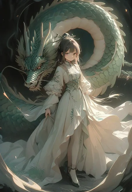 ((masterpiece, best quality, extremely detailed, absurdres)),(fantasic illustration, dynamic lighting), on the moon, 1girl, artistic use of contrasting colours and brightness, beautiful face, (guarded by Chinese dragon:1.2), the earth can be seen in the sky, fullbody, dress, <lora:flat2:-1.8>, 8k, very fine detail, cinematic composition and lighting