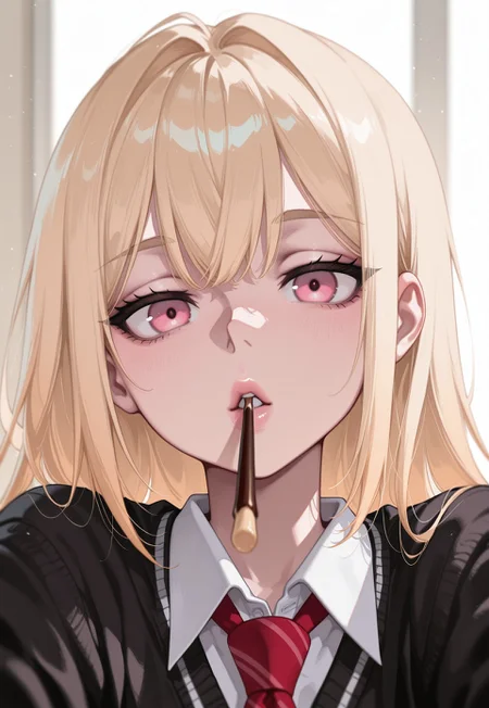 1girl, black cardigan, blonde hair, cardigan, (incoming pocky kiss), jewelry, lips, long hair, looking at viewer, necktie, parted lips, pink eyes, pocky, (pocky in mouth:1.1), portrait, red necktie, school uniform, solo, winter uniform,
BREAK
masterpiece, best quality, amazing quality, newest, absurdres,