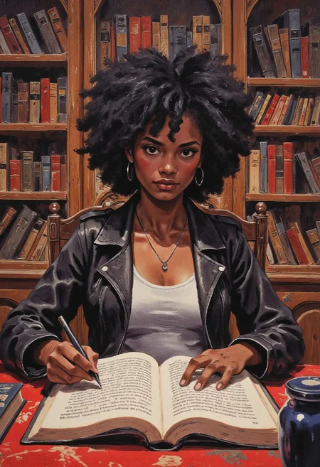 A Ghibli-inspired scene, Wide angle shot of a black mature woman in curly afro hairdo sitting at a table, ready to sign the title page of the book in front of her with a fountain pen. She is wearing a black leather jacket, a white tank top T-shirt. Behind her is a bookcase full of books with colorful spines. Dramatic lighting captures fine details in furniture design, intricate clothing folds, and the opulent state of the location. anime style, vibrant colors, cinematic shot, soft lighting, a reddish light pervades the room."