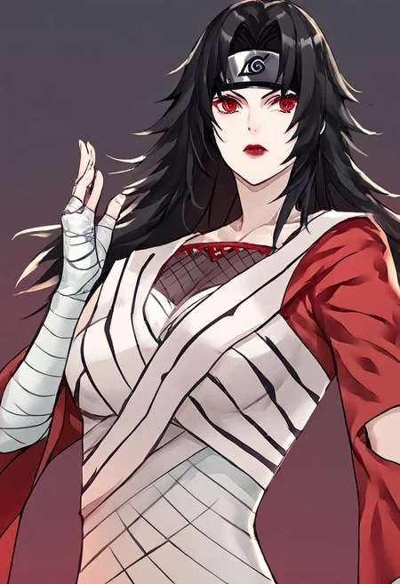 score_9, score_8_up, score_7_up, score_6_up, score_5_up, score_4_up, source_anime, 1girl,
kurenai, red eyes, black hair, long hair, forehead protector, lipstick, fishnet top, single sleeve, white dress, bandages, bandaged arm, toeless footwear,
masterpiece, best quality, very aesthetic, absurdres,