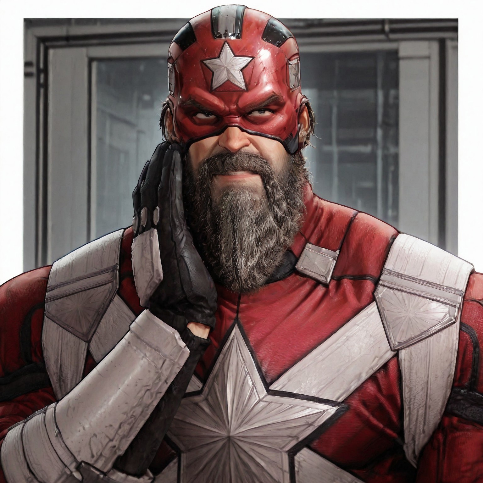 masterpiece, best quality, newest, absurdres, highres, Diz_D00dz, white borders around characters, soft light, BREAK, 1man, 1boy, RedGuardian, thick eyebrows, strong jaw, facial hair, unshaven beard, black eye, one gold tooth, long mustache, {{beefy}}, {{muscular}}, {{large}}, close up to face