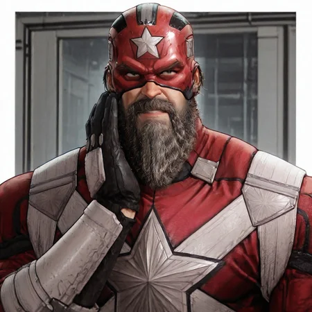 masterpiece, best quality, newest, absurdres, highres, Diz_D00dz, white borders around characters, soft light, BREAK, 1man, 1boy, RedGuardian, thick eyebrows, strong jaw, facial hair, unshaven beard, black eye, one gold tooth, long mustache, {{beefy}}, {{muscular}}, {{large}}, close up to face