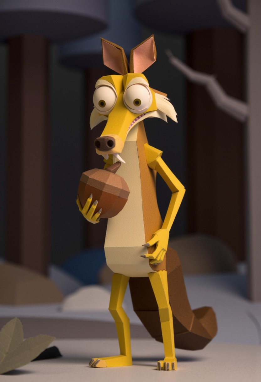 A low-poly papercraft Scrat holding an acorn in a forest setting