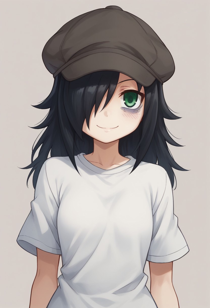 score_9, score_8_up, score_7_up, source_anime, highly detailed, 
tomoko, 1girl, solo, black hair, bags under eyes, green eyes, hair over one eye, hat,
long hair, smile, cabbie hat, parody, blush,
indoor,