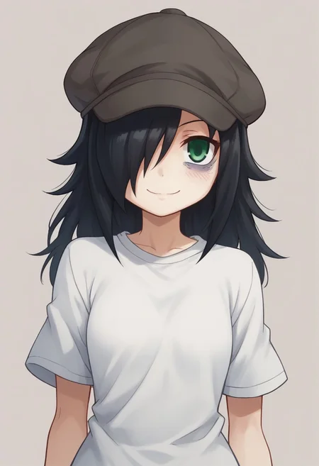 score_9, score_8_up, score_7_up, source_anime, highly detailed,
tomoko, 1girl, solo, black hair, bags under eyes, green eyes, hair over one eye, hat,
long hair, smile, cabbie hat, parody, blush,
indoor,