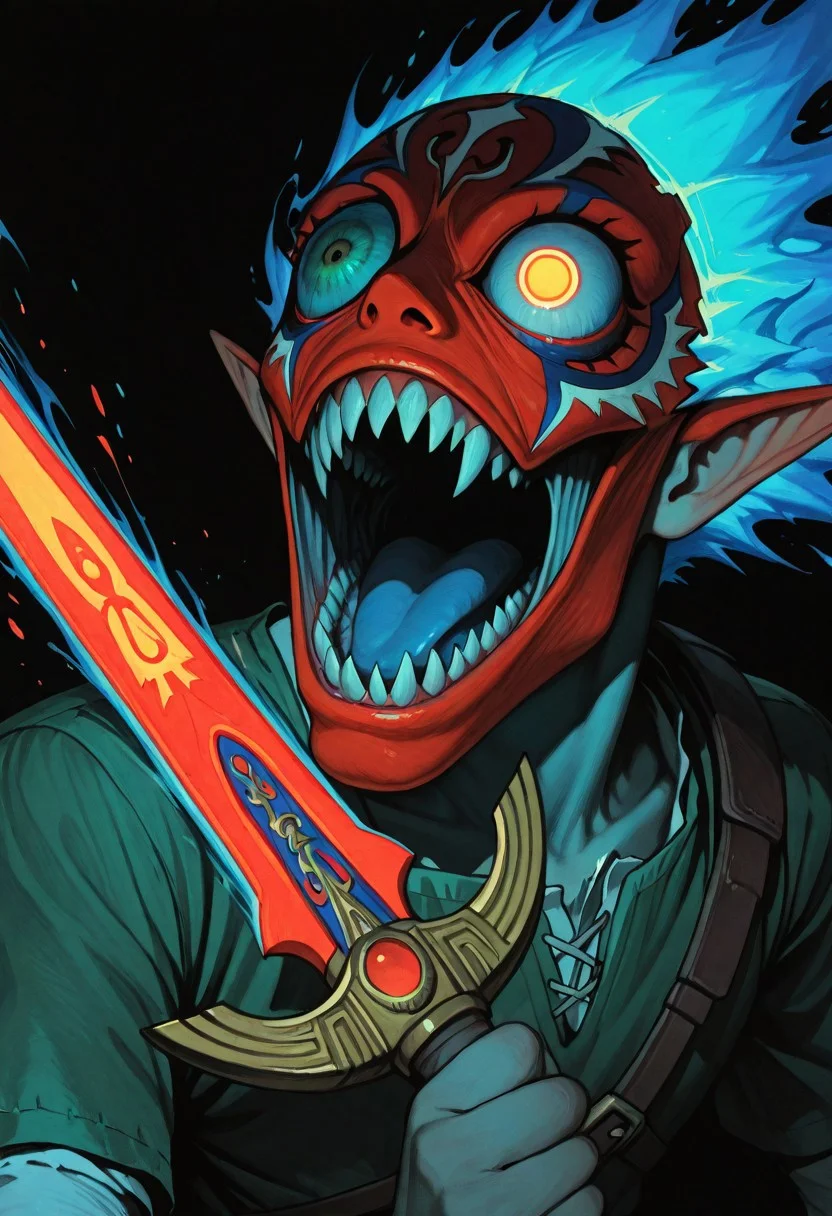 Evil Face Closeup, masterpiece, best quality, good quality, very awa, newest, highres, absurdres, solo, open mouth, simple background, White round eyes, majoras mask, Link from Zelda, Green pointed hat, Action Scene, swinging sss sword, sword slash,traditional media, sharp teeth, Red and black background, monster, one-eyed, turquoise burning Hair, horror \(theme\), limited palette, sketch, glowing, psychedelic, JeddtlIL