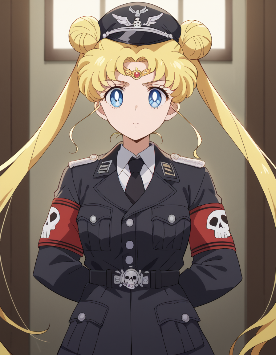 score_9, score_8_up, score_7_up, source_anime, <lora:usagi-tsukino-eternal-movie1-ponyxl-lora-nochekaiser:1>, usagi tsukino, blonde hair, blue eyes, double bun, hair bun, hair ornament, long hair, twintails, circlet, parted bangs,, <lora:warden-ponyxl-lora-nochekaiser_r1:1>, skull hat ornament, uniform, military uniform, black uniform, hat, cap, black cap, armband, collared shirt, black necktie,, indoors, hands behind back,, cowboy shot,