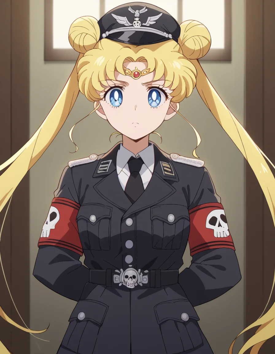 score_9, score_8_up, score_7_up, source_anime, <lora:usagi-tsukino-eternal-movie1-ponyxl-lora-nochekaiser:1>, usagi tsukino, blonde hair, blue eyes, double bun, hair bun, hair ornament, long hair, twintails, circlet, parted bangs,, <lora:warden-ponyxl-lora-nochekaiser_r1:1>, skull hat ornament, uniform, military uniform, black uniform, hat, cap, black cap, armband, collared shirt, black necktie,, indoors, hands behind back,, cowboy shot,