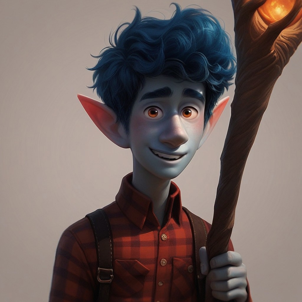 score_9, score_8_up, score_7_up, score_6_up,
1 boy, perfect face, young, solo, male focus, portrait, pubic hair, blue hair,  looking at viewer, ian lightfoot, male elf, pointy ears, blue skin, short hair, red plaid shirt, smiling, holding a staff, upper body, forest background