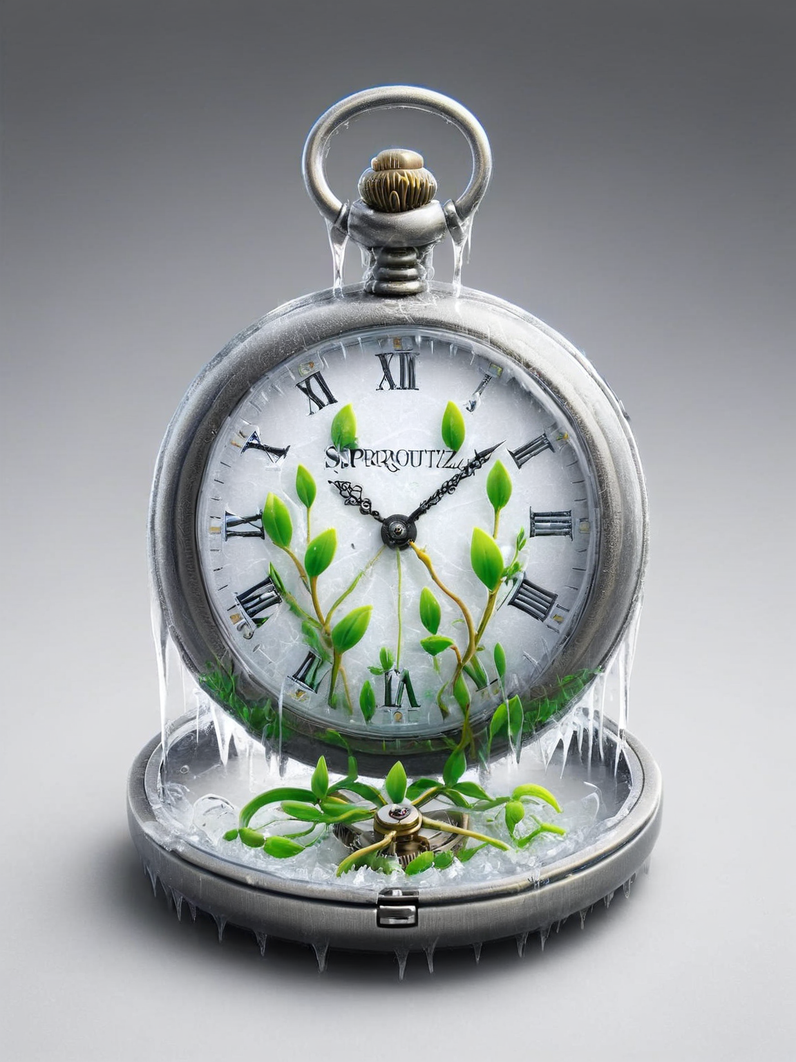 ais-sproutz pocket watch in a display case <lora:Sprouting_Spring_SDXL:1>