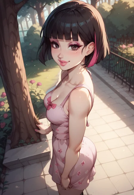 score_9, score_8_up, score_7_up, score_6_up, score_5_up, score_4_up, rckst style, atmospheric lighting, 1girl,Sarah, SarahRH, short black hair, bob cut, straight hair, blunt bangs, dyed bangs (pink), (pink) streaked hair, dark eyes, cute face, beautiful lips, medium breasts, curvy, large hips, pale skin, mole under her eye, moles on her body, makeup, pink lip gloss, smiling, closed lips, side view, standing up, posing, posing cute, outdoors, pink sundress, squared pattern sundress, trees, shadows, aesthetic, dynamic angle view,
