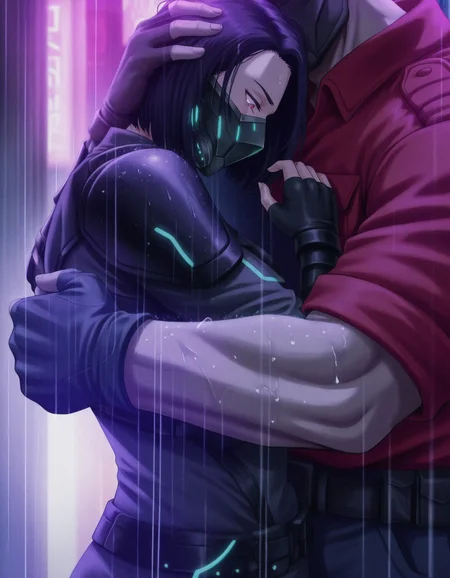 1girl, MissMX, mask, red jacket, leather top,  fingerless gloves, single gauntlet, glitch, hugging a man, tender, affectionate, wet hand, looking down, anime screenshot, rain, short hair, BREAK
1man, tall man, man's head out of frame, police uniform,
masterpiece, extremely detailed CG unity 8k wallpaper, best quality, Amazing, finely detail, cinematic lighting, highres, an extremely delicate and beautiful, ray tracing, original, incredibly_absurdres, colorful, intricate detail, artbook,
<lora:MissMX-000008:0.70>,  <lora:ATRex_style-12V2Rev:1>