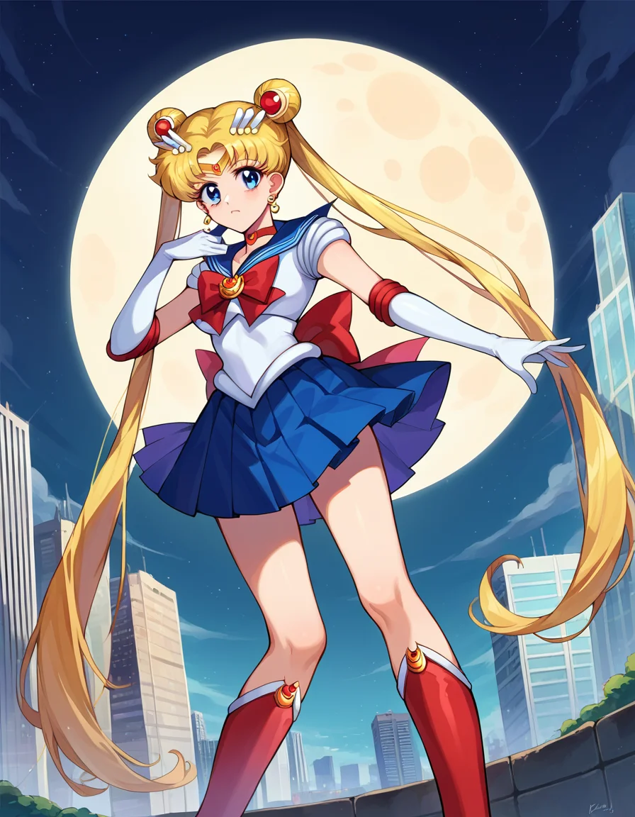 score_9, score_8_up, score_7_up, source_anime,
sailormoon, <lora:sailor-moon-ponyxl-lora-nochekaiser:1>
sailor moon, blonde hair, blue eyes, double bun, hair bun, hair ornament, long hair, twintails, circlet, parted bangs,
back bow, blue sailor collar, blue skirt, boots, bow, brooch, choker, crescent moon, elbow gloves, gloves, jewelry, knee boots, magical girl, pleated skirt, red bow, red choker, ribbon, sailor collar, sailor senshi uniform, skirt, white gloves,
outdoors, cityscape,
looking at viewer, cowboy shot, dutch angle,