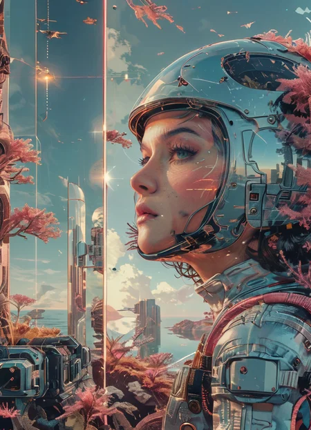Retro futuristic image, woman astronaut, helmet, mirror, 8k, F2.8, RAW Photo, ultra detailed,
<lora:unreal_engine_futuristic_mirror_style:0.7>  <lora:detailed_notrigger:0.8>  <lora:Futuristic_Retro_Vibes:0.8>