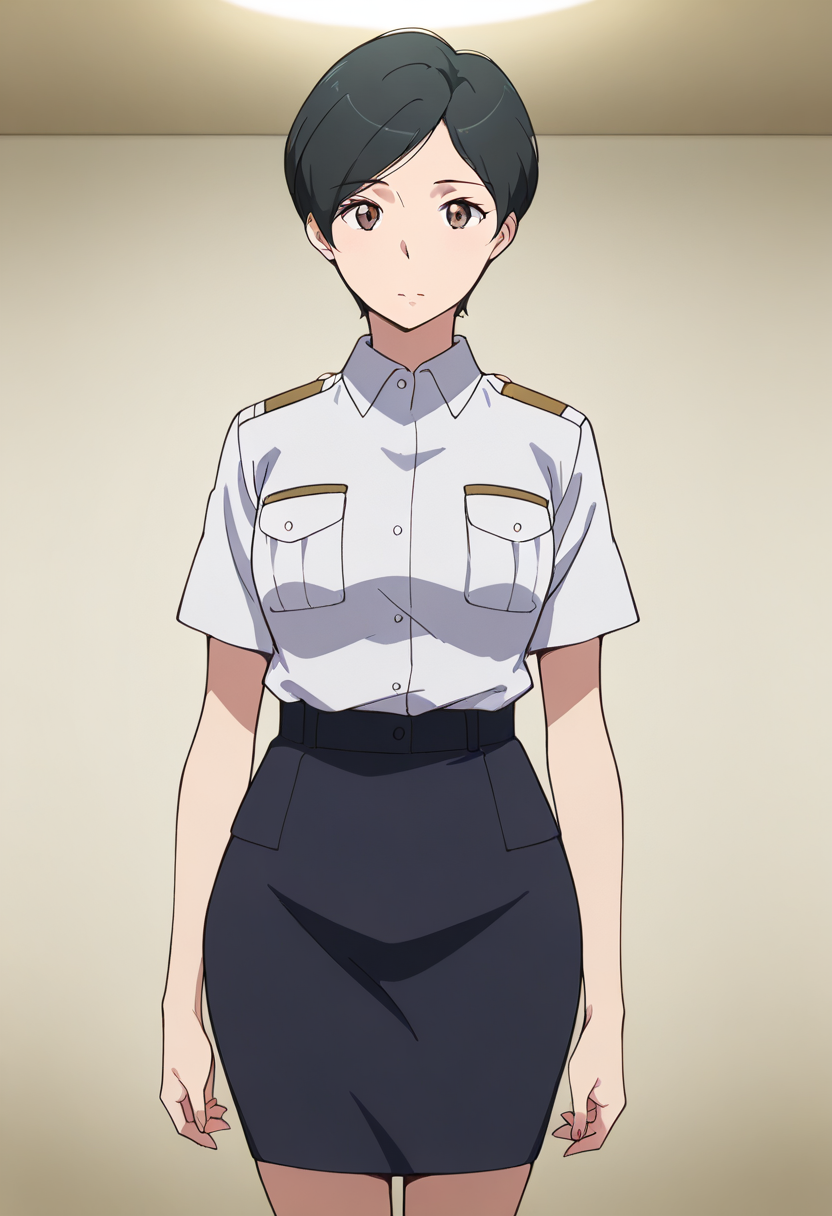 masterpiece, best quality, amazing quality, very aesthetic, absurdres, newest, illustration, perfect composition, intricate details, highres, anime coloring, 1girl, solo, (cowboy shot:1.2), kaoruww, mature female, brown eyes, black hair, short hair, military, uniform, white military shirt, short sleeves, black pencil skirt, looking at viewer, shiny body, shiny skin, skindentation, clear skin, shiny hair, ultra detailed eyes, depth of field, sharp, intricate details, hyperdetailed, ultra-detailed, detailed clothing folds, high contrast, dynamic light <lora:Mizusaki_Kaoru_Aldnoah_Zero_ill_v1.1:1>