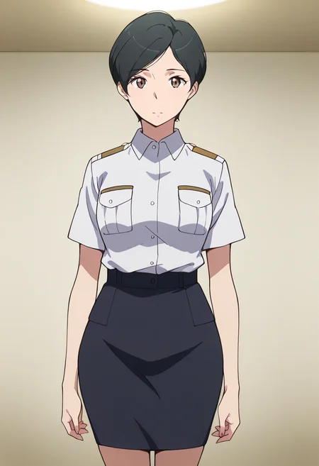 masterpiece, best quality, amazing quality, very aesthetic, absurdres, newest, illustration, perfect composition, intricate details, highres, anime coloring, 1girl, solo, (cowboy shot:1.2), kaoruww, mature female, brown eyes, black hair, short hair, military, uniform, white military shirt, short sleeves, black pencil skirt, looking at viewer, shiny body, shiny skin, skindentation, clear skin, shiny hair, ultra detailed eyes, depth of field, sharp, intricate details, hyperdetailed, ultra-detailed, detailed clothing folds, high contrast, dynamic light <lora:Mizusaki_Kaoru_Aldnoah_Zero_ill_v1.1:1>