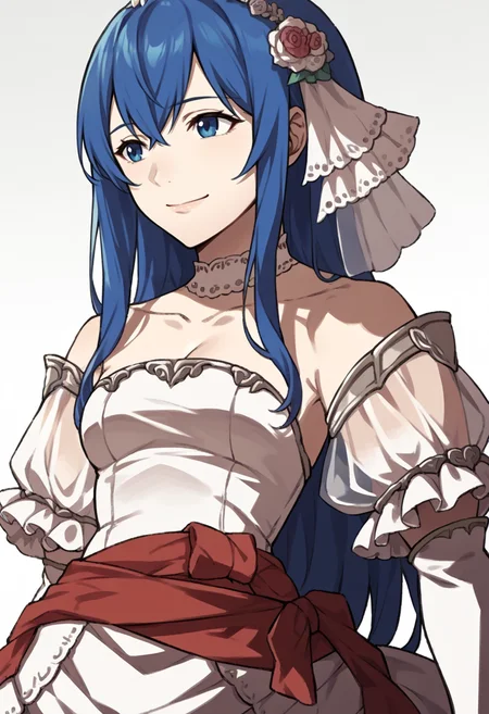 score_9, score_8_up, score_7_up, source_anime BREAK 1girl, solo,
<lora:zs_AwakeningPortraitsXL:1> awakeningportraits, portraits, white background
 <lora:caeda-fe-richy-v1_pdxl:1> caedabrd, blue eyes, blue hair, long hair, bangs, hairband, frilled hair ornament, white choker, bride, wedding dress, cleavage, detached sleeves, puffy short sleeves, see-through sleeves, long sleeves, frills, red sash,  smile