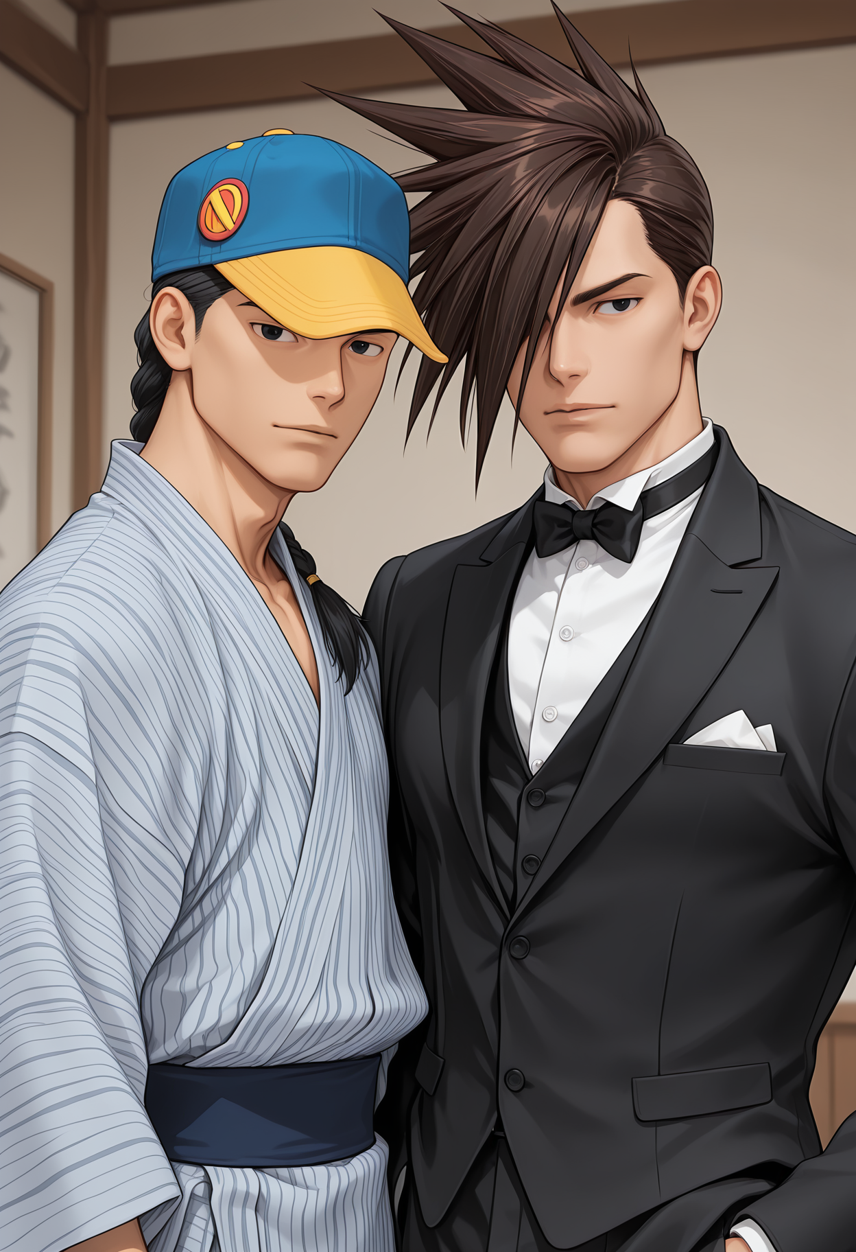 masterpiece, best quality, amazing quality, dutch angle, dynamic angle, abstract background,<lora:cfg_scale_boost:.6>,   <lora:Yun_Lee_and_Yang_Lee_-_Street_Fighter_-_ILXL:1> ADDBASE
2boys,male, sf_yun, baseball cap, black hair, single braid, long braid, black eyes, yukata, japanese clothing, ADDCOL
2boys, male, sf_yang, spiked hair, hair over one eye, brown hair, black eyes, tuxedo, formal, bowtie