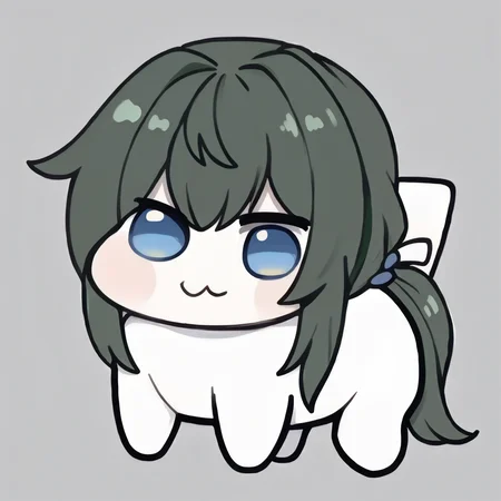 <lora:Doro_X_PDXL_V1:1.0> doro, creature, :3, chibi, no humans, white skin, four legs, solid circle eyes, no pupils, <lora:hildakr-ponyxl-beta1-11:1.0>, HildaKRDef, green hair, low ponytail, gradient eyes, blue eyes, simple background,