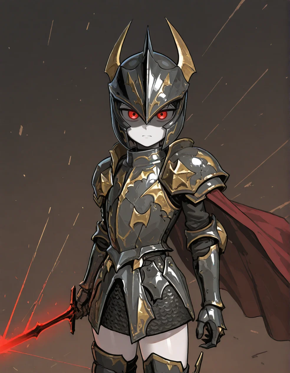 (2D,masterpiece,best quality,amazing quality, high resolution,looking at viewer,ultra-detailed,1 girl,solo,source_anime,petite,lovely,Cowboy Shot,curvy,cute,Simple black background), Vampire Lord,armor,shoulder armor,greaves,gauntlet,holding sword,vampire,cape,glowing red eyes,pale skin,shaded face,tsurime,expressionless,helmet,(attack trail, attack, swinging weapon:1.2),<lora:Vampire_Lord:1>, <lora:ValbunStyle-IL:0.4>