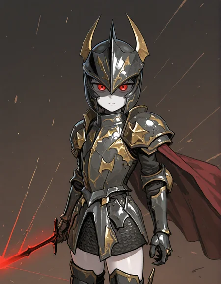 (2D,masterpiece,best quality,amazing quality, high resolution,looking at viewer,ultra-detailed,1 girl,solo,source_anime,petite,lovely,Cowboy Shot,curvy,cute,Simple black background), Vampire Lord,armor,shoulder armor,greaves,gauntlet,holding sword,vampire,cape,glowing red eyes,pale skin,shaded face,tsurime,expressionless,helmet,(attack trail, attack, swinging weapon:1.2),<lora:Vampire_Lord:1>, <lora:ValbunStyle-IL:0.4>